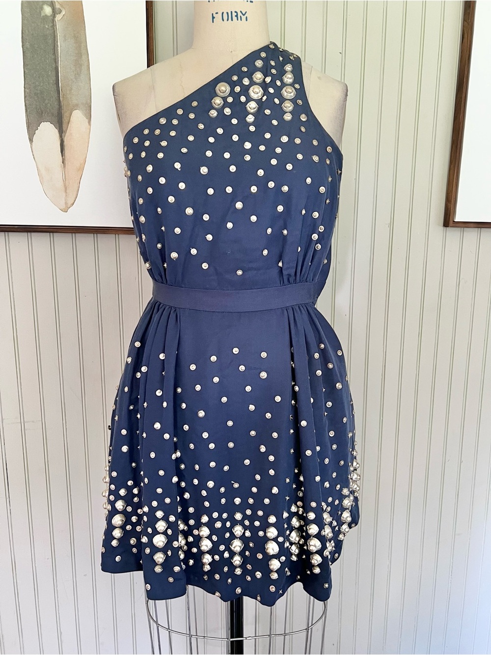 Adam Lippes Silk One Shoulder Heavy Silver Grommets All Over Mini Dress